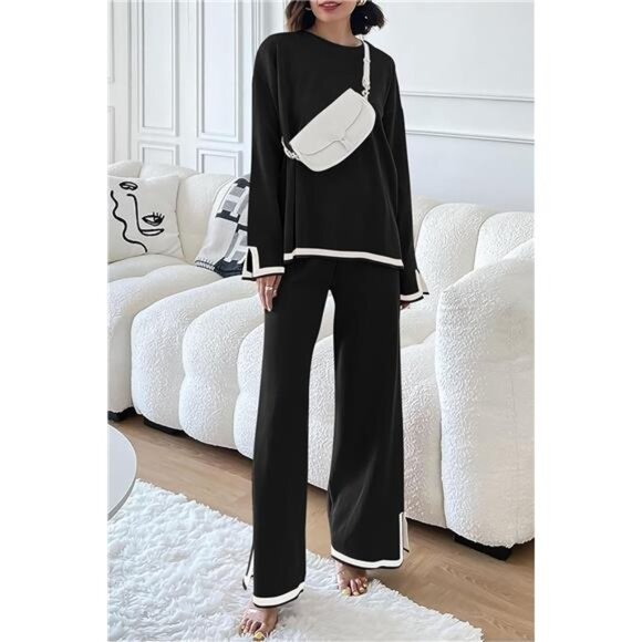 Women's 2-Piece Knit Sweater Set: Casual Long Sleeve Pullover & Wide Leg Pants - Picture 3 of 7